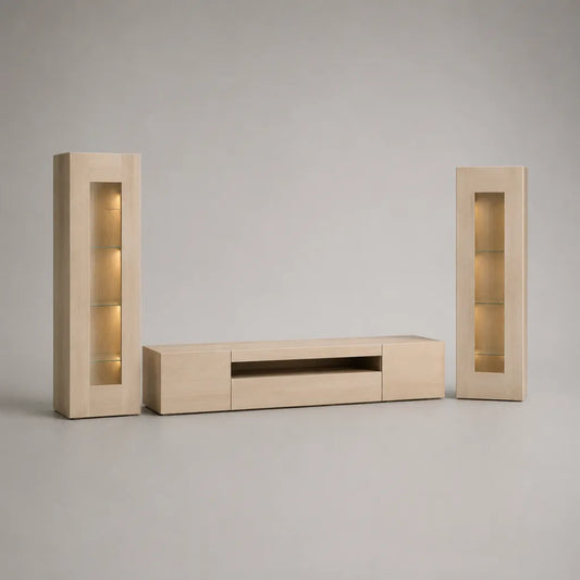 Ensemble meuble TV 3 pièces en bois et verre, chêne clair, meuble bas 220 × 45 × 45 cm et 2 vitrines 60 × 40 × 180 cm avec éclairage LED