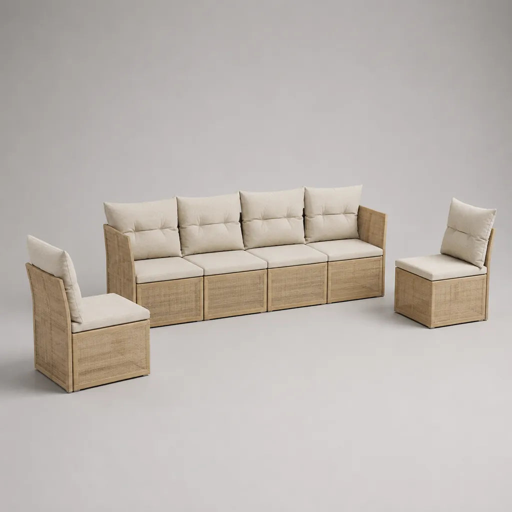 Salon de jardin 6 places 3 pièces en résine tressée et acier beige avec coussins crème, canapé 240 × 70 × 82 cm et 2 fauteuils 60 × 70 × 82 cm