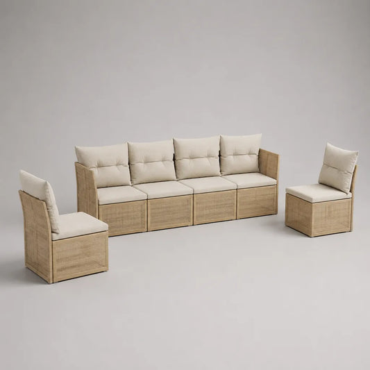 Salon de jardin 6 places 3 pièces en résine tressée et acier beige avec coussins crème, canapé 240 × 70 × 82 cm et 2 fauteuils 60 × 70 × 82 cm