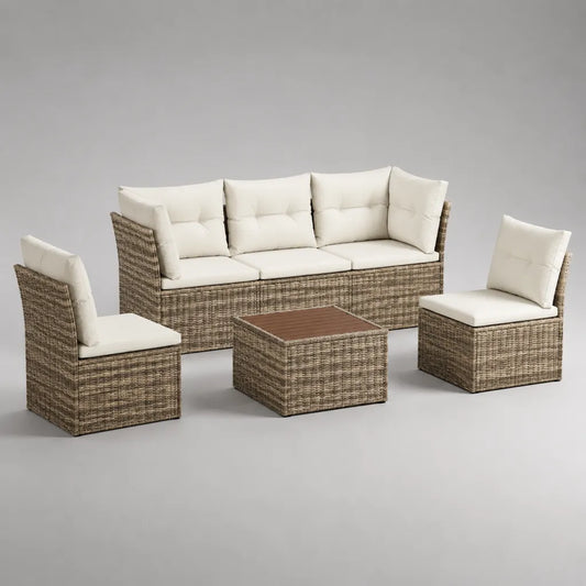 Ensemble de jardin 5 places, 4 pièces en résine tressée beige avec coussins écrus, canapé 181 × 65 × 74 cm, fauteuils 65 × 65 × 74 cm et table 65 × 65 × 35 cm