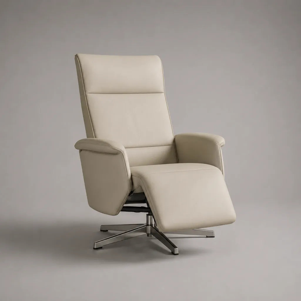 Fauteuil relax inclinable et pivotant en similicuir beige avec repose-pieds, 76 × 82-157 × 112 cm
