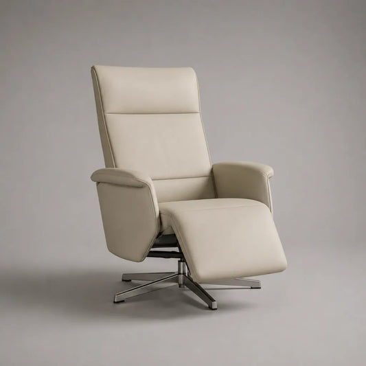 Fauteuil relax inclinable et pivotant en similicuir beige avec repose-pieds, 76 × 82-157 × 112 cm