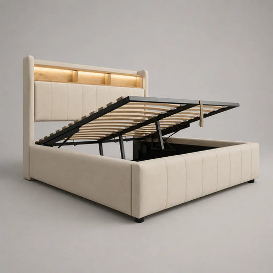 Lit coffre double 160 × 200 cm en tissu beige clair avec sommier relevable, tête de lit à LED et décor bois